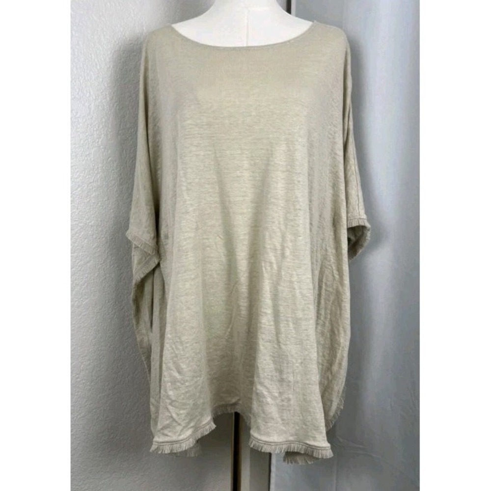 J Jill XL Poncho‎ Cape Beige 100% Linen Frayed Hem Lagenlook Equestrian Capsule